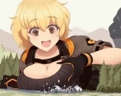 1girls 2021 bgm-71_(girls_frontline) big_breasts blonde_hair cleavage giantess girls'_frontline huge_breasts open_mouth raps short_hair tagme