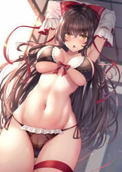 arms_above_head arms_up black_panties blush bow breasts brown_hair hairbow large_breasts lingerie liya long_hair looking_at_viewer navel orange_eyes panties reimu_hakurei side-tie_panties standing tagme touhou underboob very_long_hair