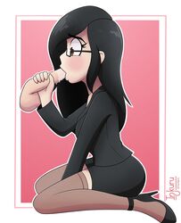 black_hair black_suit blowjob fellatio glasses handjob high_thighs highres inkuru juna_guerrero kneeling miniskirt office_lady oral pencil_skirt secretary side_view stockings