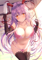 animal_ears blush bow_panties breasts bunny_ears bunny_girl gloves large_breasts legwear lingerie liya long_hair looking_at_viewer navel orange_eyes panties pink_panties purple_hair reisen_udongein_inaba side-tie_panties standing tagme tail thighhighs touhou very_long_hair