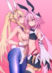 1boy 1girls artoria_pendragon artoria_pendragon_(lancer) artoria_pendragon_(swimsuit_ruler) astolfo_(fate) big_breasts blonde_hair blush breasts bunny_ears bunny_tail bunnysuit cucked_by_femboy fate/grand_order fate_(series) femboy femboy_with_female girly hej male otoko_no_ko pink_background pink_hair standing thick_thighs thighs trap