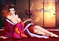 1girls annoyed artist_signature barefoot big_breasts black_hair courtesan cry_ptidd daki_(kimetsu_no_yaiba) demon_slayer disdain futon geisha hair_ornament huge_breasts kimetsu_no_yaiba kimono kinktober kiseru laying_down light-skinned_female lipstick looking_at_viewer makeup nihongami off_shoulder oiran open_kimono page_24 painted_nails painted_toenails pipe prostitute prostitution reclining sharp_fingernails solo