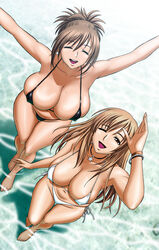 2girls ^_^ aqua_background armpits arms_up bare_shoulders barefoot beach bikini black_bikini black_swimsuit black_thong_bikini bracelet breasts brown_eyes brown_hair bursting_breasts choker cleavage closed_eyes collarbone covered_erect_nipples curvaceous daytime erect_nipples erect_nipples_under_bikini erect_nipples_under_swimsuit eyebrows_visible_through_hair facing_up facing_viewer feet fingers from_above full_body fusano_fumie fusano_tomoka happy high_resolution highres hourglass_figure huge_breasts huge_nipples jewelry long_hair looking_at_viewer looking_up micro_bikini micro_bikini_bottom micro_bikini_top milk_junkies_2 mole mole_on_breast multiple_girls navel necklace nipples_bulge ocean one_eye_closed open_mouth outdoors puffy_nipples shadows shallow_water short_hair siblings side-tie_bikini sisters standing star_(symbol) star_choker star_necklace sunlight swimsuit tatsunami_youtoku toes upper_teeth wading water white_bikini wink winking_at_viewer