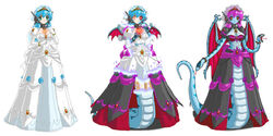 breasts corruption dress elbow_gloves female gloves humanoid identity_death lamia naga no_legs red_eyes snake snake_arms snake_girl snake_hands species_transformation takeover transformation transformation_sequence veloxiraptor white_dress wings