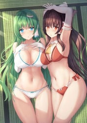 blue_eyes blush bow bow_panties breasts brown_hair cleavage gloves green_hair hair_ornament hairbow large_breasts lingerie liya long_hair looking_at_viewer lying navel on_back orange_eyes panties picot_trim picot_trim_bra picot_trim_panties red_panties reimu_hakurei sanae_kochiya side-tie_panties tagme thighs touhou very_long_hair white_panties