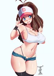 1girls big_breasts blue_eyes blush breasts brown_hair busty curvy_figure daisy_dukes hat hi_res high_resolution highres hilda_(pokemon) long_hair midriff minishorts navel nintendo open_fly pokemon pokemon_bw ponytail revealing_clothes shorts solo standing stockings teenager thick_thighs thong tiger1001 whale_tail white_background wide_hips