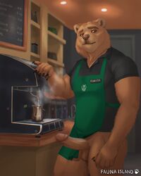 4:5 5_fingers anthro apron balls barista beverage biceps bottle bottomless brown_body brown_eyes brown_fur cafe circumcised clothed clothing coffee coffee_shop detailed_background english_text erection fauna_island fingers fur furry_only gay genitals hi_res humanoid_genitalia humanoid_penis humor inside male male_only mammal muscular muscular_anthro muscular_male pantsless pecs penis polo_shirt public public_nudity pun shirt signature solo solo_male standing steam text topwear unprofessional_behavior ursid visual_pun yaoi yiff