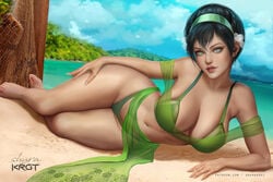 1girls aged_up alternate_breast_size avatar_the_last_airbender beach big_breasts bikini black_hair blind curvy earth_kingdom feet female female_only large_breasts legs looking_at_viewer lying_on_side nickelodeon pinup posing shurakrgt solo swimsuit thick_thighs toned toph_bei_fong voluptuous wide_hips