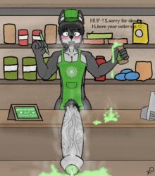 anthro big_penis blush bodily_fluids canid canine canis coffee_mug coffee_shop colored_cum cum english_text fur furry genital_fluids genitals glan glans green_cum green_eyes green_glans hair huge_cock hyper hyper_genitalia hyper_penis iced_latte_with_breast_milk iced_latte_with_dick_milk male male_focus male_only male_solo mammal meme pencil_(disambiguation) penis premono pumopumoshi_(character) pumoshi_diary solo solo_male text unusual_bodily_fluids unusual_cum unusual_genital_fluids wolf