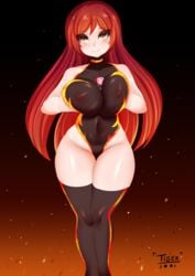 1girls big_breasts breasts eye_contact female groudon groudon_(cosplay) humanized long_hair looking_at_viewer love_ball nintendo pokemon pokemon_rse red_hair solo standing thick_thighs thighhighs thighs tiger1001 wide_hips