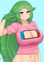 1girls alternate_breast_size alternate_outfit bangs big_breasts bottomless breasts casual casual_clothing cleavage cleavage_cutout cute female female_only forehead_jewel green_eyes green_hair hair_flip hand_behind_head jewelry kid_icarus kid_icarus_uprising large_breasts long_hair navel nintendo nintendo_switch no_bra no_panties palutena parted_bangs pink_shirt shirt smile solo swept_bangs switch the_only_shoe very_long_hair