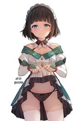 1girls black_hair black_panties blue_eyes blush breasts dress female female_only genshin_impact katheryne_(genshin_impact) kaxukin lifted_by_self light-skinned_female light_skin looking_at_viewer npc panties short_hair skirt_lift smile solo teasing thighhighs underwear