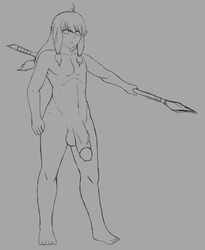 1boy ahoge big_penis elf elf_male fable_ardo_(kc0r3) fae-sama femboy high_resolution long_hair looking_at_viewer male male_only midriff monster_boy original_character side_ponytail simple_background sketch solo solo_male spear testicles veiny_penis weapon