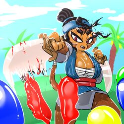 1girls anthro balloon balloons battle big_breasts black_eyebrows black_hair bloons_td_6 bloons_tower_defense breasts busty cleavage curvy dark_hair female female_focus female_only fight furry headband huge_breasts large_breasts monkey monkey_tail ninja_kiwi open_mouth outdoors percey primate purple_eyes sauda standing surrounded sweat sweaty sword tail tongue tree weapon wide_hips