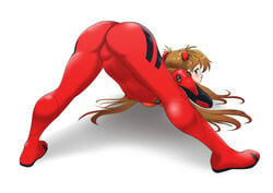 1girls ass asuka_langley_sohryu blush clothing eye_contact female gez1313 jack-o_pose long_hair looking_at_viewer looking_back neon neon_genesis_evangelion plugsuit skindentation solo solo_female spread_legs thick_thighs thighs