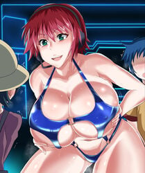 1girls 2boys big_breasts blue_swimsuit curvaceous embarrassed grabbing_own_breast gundam gundam_build_fighters huge_breasts iori_sei jet_puri light-skinned_female light_skin neneka_corps nenene slingshot_swimsuit swimsuit thick_thighs wide_hips