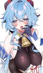 adeptus big_breasts blue_hair breasts chinese_clothes cowbell ganyu_(genshin_impact) genshin_impact horns nipples purple_eyes qilin sukiyaki tight_clothing tongue tongue_out