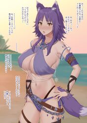 1girls aki_makoto animal_ear_fluff animal_ears animal_tail big_breasts bikini female female_only gomu_(chewinggom) japanese_text looking_at_viewer makoto_(princess_connect!) princess_connect! purple_hair see-through_clothing solo translation_request