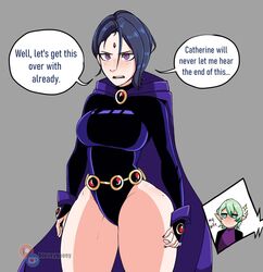 1boy 1girls alternate_costume bare_thighs beauty_mark blue_hair bluueygooey breasts byleth_(fire_emblem) byleth_(fire_emblem)_(male) cape cosplay curvy dc english_text female_focus fire_emblem fire_emblem:_three_houses grey_background halloween halloween_costume large_breasts leotard mole_on_thigh nintendo open_mouth purple_eyes raven_(cosplay) shamir_nevrand short_hair solo_focus teen_titans text thick_thighs thighs tight_clothing voluptuous