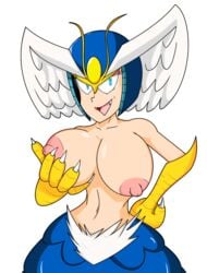 alternate_breast_size blue_eyes breasts cosplay crossover devilman fangs female female_only glowing_eyes helmet huge_breasts mega_man mega_man(classic) mermaid nipples robot simple_background sirene splash_woman tongue topless transparent_background wings