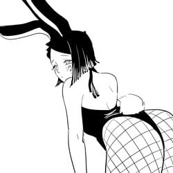 :< black_and_white blush bunny_boy bunnysuit demon_slayer enmu femboy fishnet_stockings kimetsu_no_yaiba looking_at_viewer looking_back male male_only presenting_hindquarters solo white_background