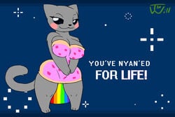 bedroom_eyes big_breasts blush_stickers domestic_cat eyelashes female female_only furry holding_clothing nyan_cat rainbow seductive seductive_smile solo space thewill