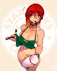 apron apron_only bottomless breasts busty cheunchin collar female female_focus female_only glass hourglass_figure iced_latte_with_breast_milk looking_at_viewer meme red_hair standing tagme waitress waitress_uniform wide_hips