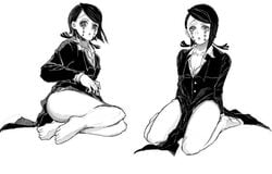 androgynous bottomless confused_look demon_slayer enmu femboy girly kimetsu_no_yaiba laying_on_side lifting_clothing male male_only monochrome on_knees pumu_nui sitting solo thick_thighs wariza wide_hips