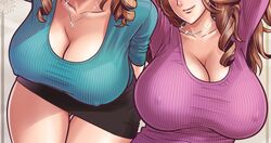 2girls 2milfs aqua_sweater bakunyuu black_skirt braless breast_focus breasts brown_eyes brown_hair bursting_breasts busty cleavage close-up collarbone covered_erect_nipples drill_hair drill_locks erect_nipples erect_nipples_under_clothes feet_out_of_frame head_out_of_frame high_resolution highres huge_breasts huge_nipples jewelry lips lipstick makeup microskirt miniskirt mishima_yumi multiple_girls necklace nipples_bulge ootake_nami original original_characters out_of_frame pink_sweater siblings silver_jewelry silver_necklace sisters sparkle sparkling sweater tatsunami_youtoku twin_milf twin_sisters twins up_close voluptuous