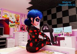 1girls ass bed bedroom blue_hair bodysuit female female_focus female_only heroes ladybug_(character) looking_at_viewer looking_back marinette_cheng marinette_dupain-cheng miraculous_ladybug png signature solo the2ndtwinx