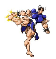 barefoot brown_hair capcom chinese_clothes chinese_clothing chinese_dress chun-li feet kicking muscular_female peter_gent soles street_fighter thick_thighs