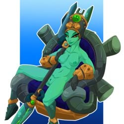 1girls activision boots breasts chair crash_(series) crash_bandicoot_4:_it's_about_time eyelashes eyeliner female gloves green_skin lip_biting navel nefarious_tropy_(female) nipples nude pussy sitting solo