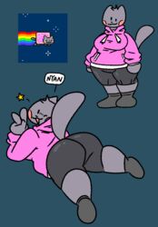 :3 anthro ass ass_up big_ass big_breasts blue_background blush blushing chubby chubby_female clothed clothing feline feline_humanoid female female_focus female_only fully_clothed furry furry_only grey_fur hoodie human laying_down looking_at_viewer meme nyan_cat nyan_cat_(qoolguyart) overweight overweight_female peace_sign qoolguyart seductive smile smiling socks solo solo_female solo_focus source_request standing star tail text thick_legs tight_pants wide_hips wink winking_at_viewer