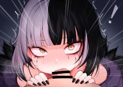 1boy 1girls black_hair blowjob censored female hi_res hololive hololive_english hololive_english_-advent- light-skinned_female light-skinned_male light_skin male oral penis shiori_novella two_tone_hair unsfrau virtual_youtuber white_hair yellow_eyes