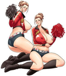 2girls 2milfs ass bad_anatomy bangs belt belts big_breasts blush blushing_at_viewer boots breasts breasts_out brown_boots brown_eyes brown_footwear brown_hair bursting_breasts cheerleader cleavage couple covered_erect_nipples cowboy_boots dark_areolae dark_nipples erect_nipples erect_nipples_under_clothes eyes_closed female female_focus female_only full_body grin hairbun huge_areolae huge_breasts huge_nipples knee_boots long_sleeves looking_at_viewer looking_pleasured makeup matching_hair/eyes mature mature_female midriff milf mishima_yumi multiple_girls navel nipples one_breast_out one_breast_out_of_clothes ootake_nami original original_characters plain_background pom_pom_(cheerleading) pom_poms ponytail short_shorts shorts siblings sideboob simple_background sisters smile smiling smiling_at_viewer smirk tatsunami_youtoku teasing thick_thighs thighs twin_milf twin_sisters twins white_background