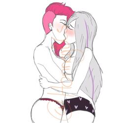 2girls ass_grab black_panties blush breast_press deep_kissing ear_piercing earrings embrace female female_only fhs fhsz3r0 fnafhs fnafhs_z3ro fnafhsrule34 french_kiss hearts homerbls hug lesbian lesbian_couple lesbian_kiss lesbians maggie_(fnafhs) mai_(fnafhs) making_out mostly_nude multiple_girls passionate picot_trim pink_eyes pink_hair pressing_breasts_together purple_stripe red_panties shaved_side silver_hair spanish_text symmetrical_docking underwear violet_eyes yuri