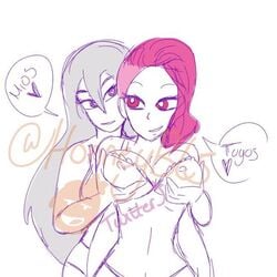 bikini breast_grab_from_behind fhs fhsz3r0 fnafhs fnafhs_z3ro fnafhsrule34 homerbls maggie_(fnafhs) mai_(fnafhs) nipples_visible_through_clothing pink_eyes pink_hair silver_hair spanish_text violet_eyes yuri