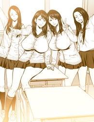 4girls black_and_white breasts brown_hair classroom cum hand_signs high_resolution highres huge_breasts mishima_yumi monochrome multiple_girls ootake_nami original original_characters school school_desk school_girl school_uniform schoolgirl schoolgirl_uniform siblings sisters tatsunami_youtoku teenager twin_milf twins v younger_female