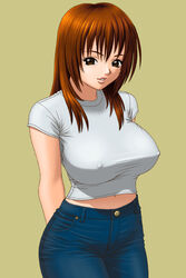 1girls arms_behind_back bangs belly_button breasts brown_eyes brown_hair buttons cleavage close-up covered_erect_nipples crop_top curvy curvy_body denim denim_jeans erect_nipples erect_nipples_under_clothes eyebrows_visible_through_hair eyelashes eyes_visible_through_hair facing_viewer female female_focus green_background high_resolution highres huge_breasts huge_nipples jeans lips lipstick looking_at_viewer makeup matching_hair/eyes navel nipples nipples_bulge no_bra original original_character pants parted_lips plain_background puckered_lips puffy_nipples shiny shiny_hair shiny_skin shirt short_hair simple_background sleeveless sleeveless_shirt slender slender_waist solo standing tatsunami_youtoku teeth tight tight_clothing tight_jeans tight_pants tight_shirt tight_tshirt tshirt up_close white_shirt