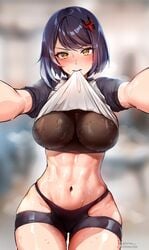 abs anime_style foxy_rain_(foxyreine) foxyrain_(foxyreine) foxyreine genshin_impact kujou_sara looking_at_viewer muscular_female shirt_in_mouth sweat