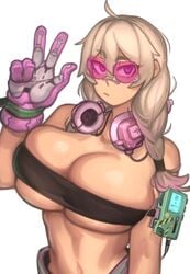 1girls breasts eye_contact female headphones kelvin_hiu looking_at_viewer original peace_sign pink-tinted_eyewear solo tinted_eyewear upper_body violet_(kelvin_hiu) visor white_background