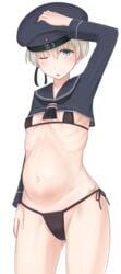 bikini black_bikini blue_eyes crop_top early_pregnancy female female_only flat_chest grey_hair hat kantai_collection long_sleeves naval_uniform one_eye_closed pregnant ribs short_hair side-tie_bikini solo taji_(crowview) very_short_hair wide_hips z1_leberecht_maass_(kantai_collection)