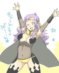 1girls ;d alternate_hair_color arms_up bodystocking breasts female female_focus fire_emblem fire_emblem_fates happy image_sample large_breasts long_hair long_purple_hair navel nintendo one_eye_closed open_mouth ophelia_(fire_emblem) panties pixiv_sample purple_hair revealing_clothes shougayaki_(kabayaki_3) smile solo underwear yellow_panties