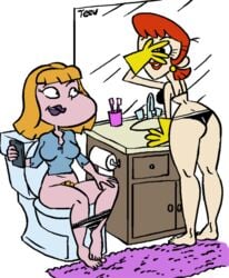 2girls artist_name big_breasts blonde_hair bra cartoon_network casual cellphone charlotte_pickles clothing crossover dexter's_laboratory dexter's_mom female female_only gloves hair_down multiple_girls nickelodeon panties panties_down phone pubic_hair red_hair rugrats sitting_on_toilet teev what_a_cartoon white_background