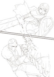 1boy 1boy1girl 1girls armor black_and_white comic dark_souls female fight fighting helmet male male/female shield short_hair sword xiaohua