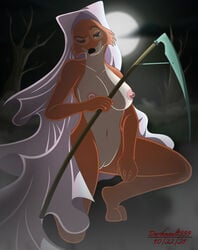 2021 absurd_res anthro breasts canid canine clothing darthmaul1999 death_(personification) disney female fog fox genitals grim_reaper halloween hi_res holidays kneeling maid_marian mammal melee_weapon moon nipples nude one_eye_closed plant polearm pussy robe robin_hood_(disney) scythe seductive solo tree weapon