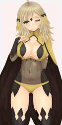 1girls ;) bare_thighs blonde_hair bodystocking breasts cape cleavage fire_emblem fire_emblem_fates grey_eyes hand_on_own_chest head_tilt large_breasts long_hair looking_at_viewer nintendo ophelia_(fire_emblem) panties roaamuje sideboob smile solo thighs white_background wink yellow_panties