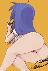 1girls anus ass blue_hair bottomless controller female female_only from_behind gaming hairy hairy_anus hairy_pussy hatsumiilkshake human konata_izumi legs long_hair lucky_star mostly_nude playstation_controller pubic_hair pussy shirt simple_background solo solo_female white_shirt yellow_background