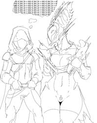 1boy 1girls 3_eyes adjusting_clothes alien_girl armor armored_dress armored_gloves bottomless breasts bungie cleavage cleft_of_venus clitoris clothed_male destiny_(game) dress guardian guardian_(destiny) headdress hive_(destiny) hive_guardian hood hunter_(destiny) mostly_clothed_female mound_of_venus navel pubic_tattoo seductive seductive_pose sirtenderloinz1 subtle_pussy teasing thick_thighs thigh_gap thighhighs thought_bubble unconvincing_armor wide_hips wizard_(destiny)