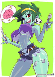 1girls bare_shoulders big_breasts border brain breasts choker earrings female female_only fork green_hair green_skin hairband kajinman knife large_breasts nail_polish open_smile patreon red_eyes red_nails rottytops shantae short_hair short_shorts shorts skull_belt skull_earrings smooth_skin solo spiky_hair spoken_object stitched underboob watermark wayforward white_border zombie